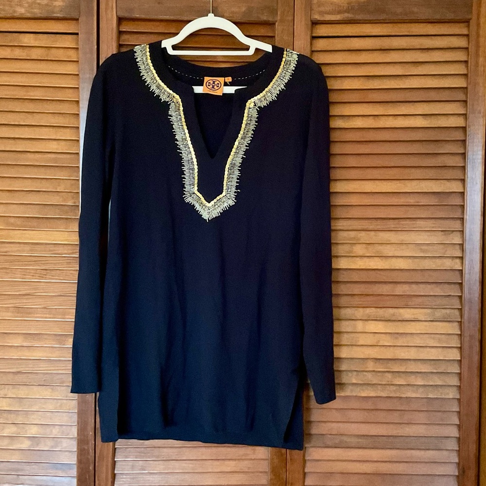 Tory Burch Dove gold and silver beaded black tunic sweater size medium.